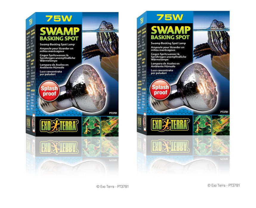 Two Exo Terra 75W Swamp Basking Spot lamp boxes showing splash proof bulb with turtle image