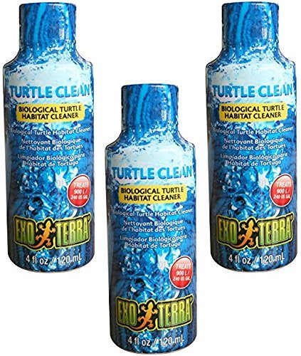 Three blue Exo Terra Turtle Clean water conditioner bottles arranged in triangular formation