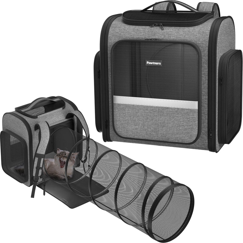 Gray and black expandable mesh cat travel backpack shown collapsed and fully extended