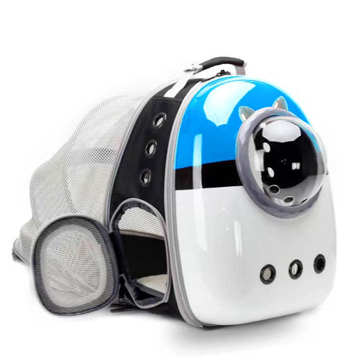 Blue and white expandable cat backpack with mesh extension opened showing breathable compartment