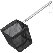 Black mesh aquarium fish net with telescoping silver handle and chain attachment