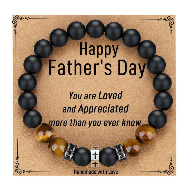 Black onyx and tiger eye bead bracelet with cross charm on Father's Day gift card