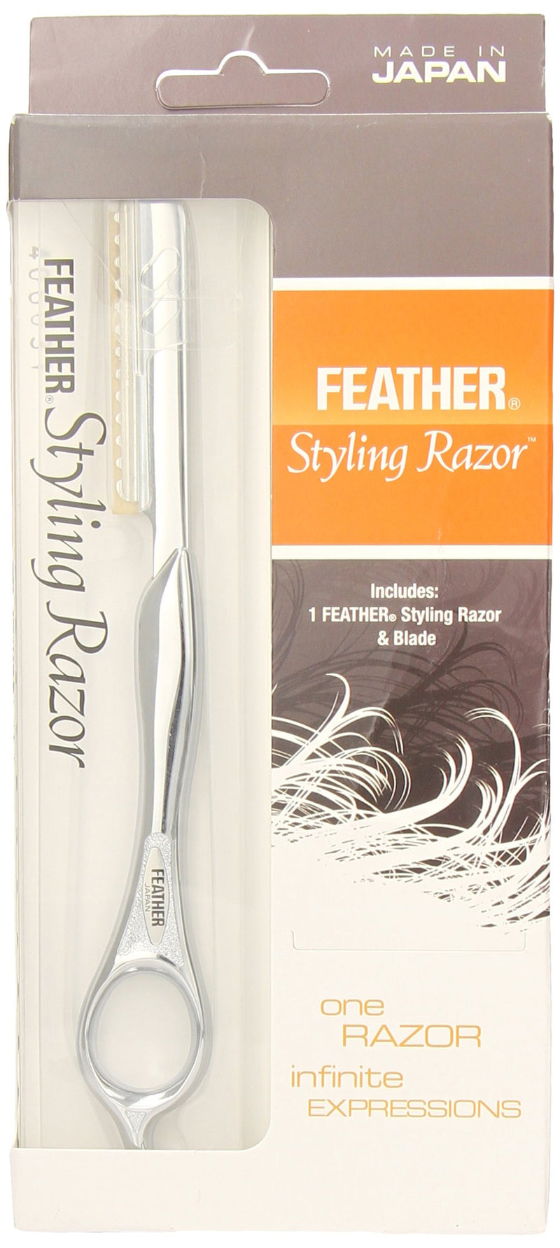 Feather styling razor in clear plastic packaging showing silver handle and blade made in Japan