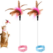 Interactive collar feather wand cat toys in pink and blue with orange tabby cat playing