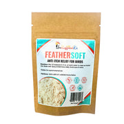 Brown kraft pouch of FeatherSoft anti-itch relief powder for birds with colorful product label