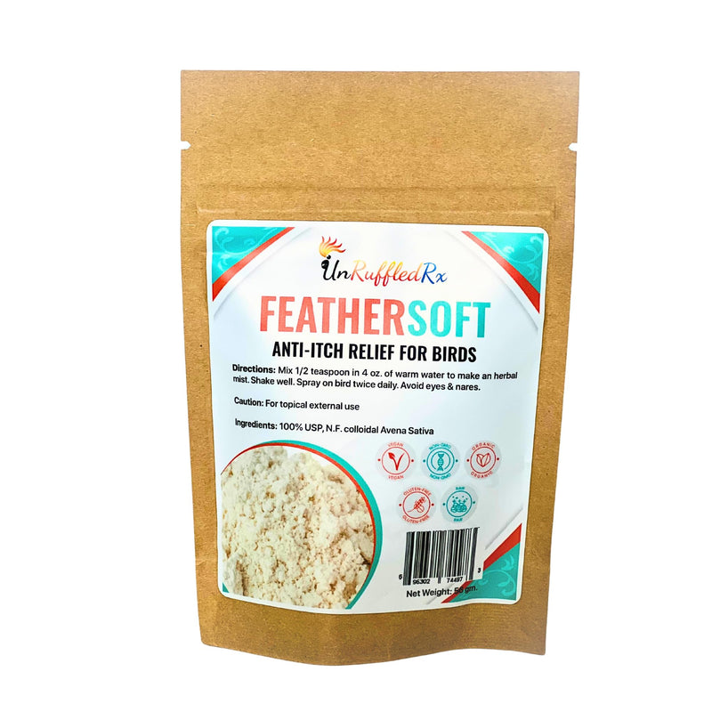 Brown kraft paper pouch containing FeatherSoft anti-itch relief powder for birds with product label