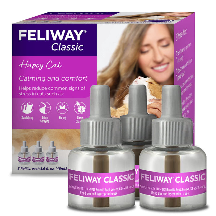 Two FELIWAY Classic pheromone diffuser refill bottles with purple labels and gray caps