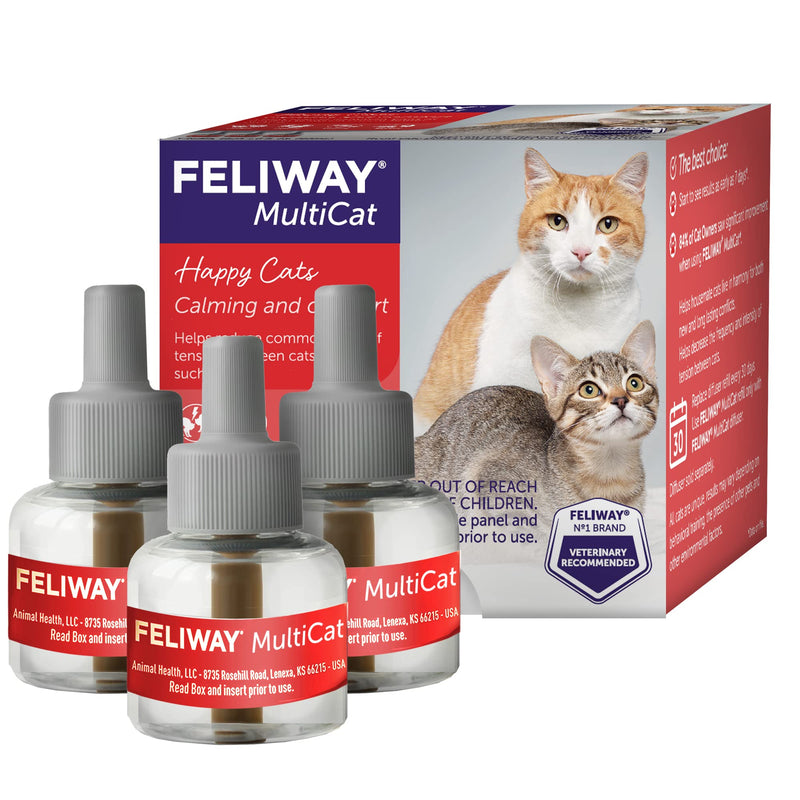 Three Feliway MultiCat pheromone refill bottles displayed in front of product box with two cats