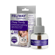 Feliway Optimum cat calming refill bottle beside purple product box with cat photo