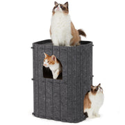 Gray felt two-storey cat house with ragdoll on top, tabby inside, and kitten beside