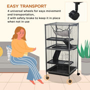 Black 5-tier rolling ferret cage with wheels and hammock, woman sitting on couch nearby