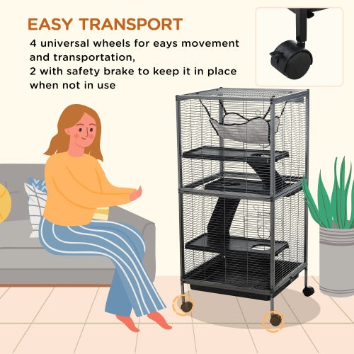 Black 5-tier rolling ferret cage with wheels and hammock, woman sitting on couch nearby