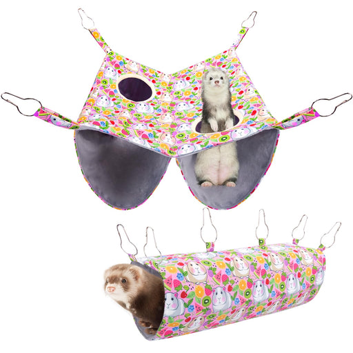 Colorful fruit patterned ferret hammock and tunnel with white ferrets demonstrating both accessories