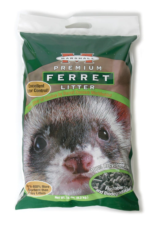 Marshall Premium Ferret Litter bag featuring close-up ferret face with dark eyes and pink nose