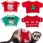 Ferret wearing red Christmas sweater with Santa face design, shown with four holiday sweaters above