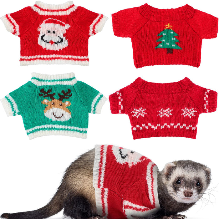 Ferret wearing red Christmas sweater with Santa face design, shown with four holiday sweaters above