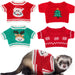 Ferret wearing red Christmas sweater with Santa face design, shown with four holiday sweaters above