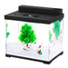 Square glass aquarium with black lid featuring Christmas tree and Santa decorations inside