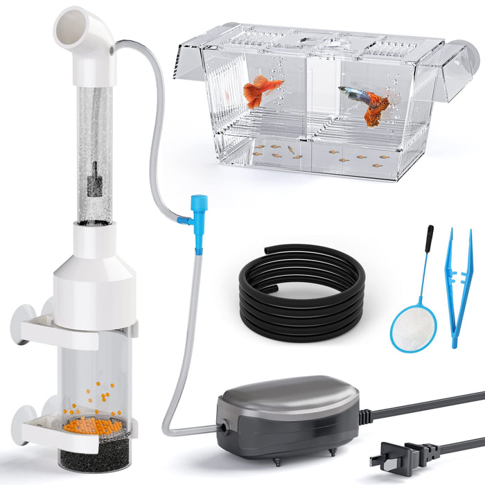 Fish breeding kit components including clear breeding box, gravel vacuum, air pump, and tools