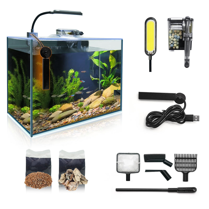 Complete 3-gallon fish tank with tropical fish, plants, and full accessory kit display