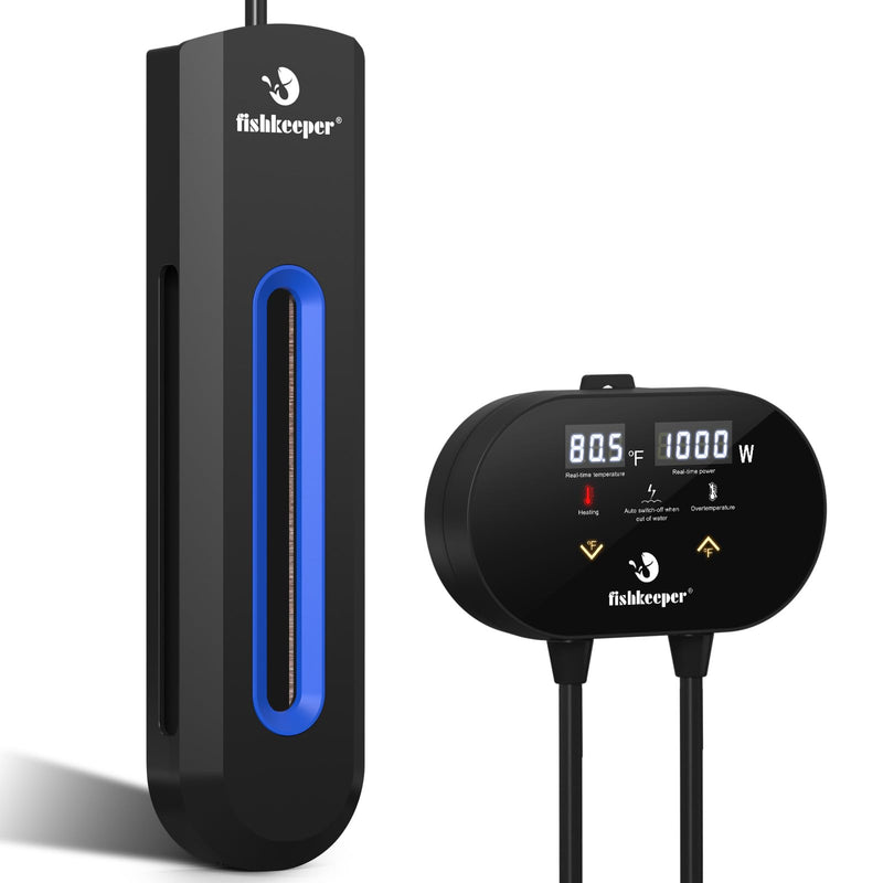 Black fishkeeper aquarium heater with blue LED strip and digital controller displaying temperature