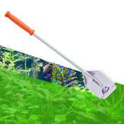 Orange-handled Flipper Platinum algae scraper cleaning aquarium glass with fish and plants visible