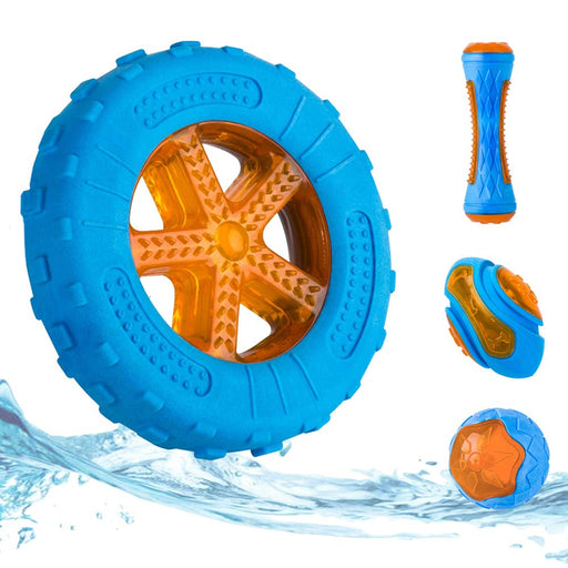 Blue and orange floating dog toys including tire, stick, bone and ball shapes with water splash