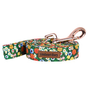 Lionheart Glory floral dog leash coiled with rose gold snap hook on white background