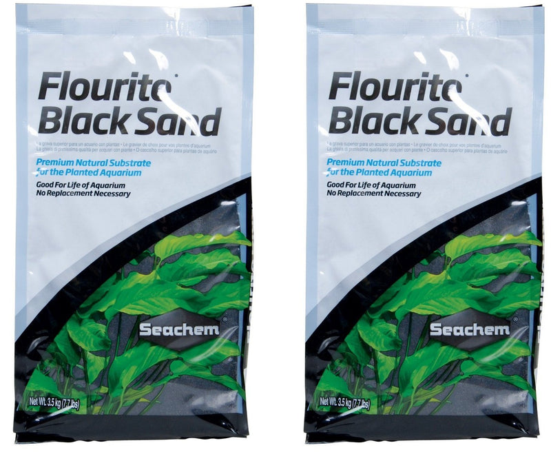 Two bags of Flourite Black Sand aquarium substrate with aquatic plants on packaging