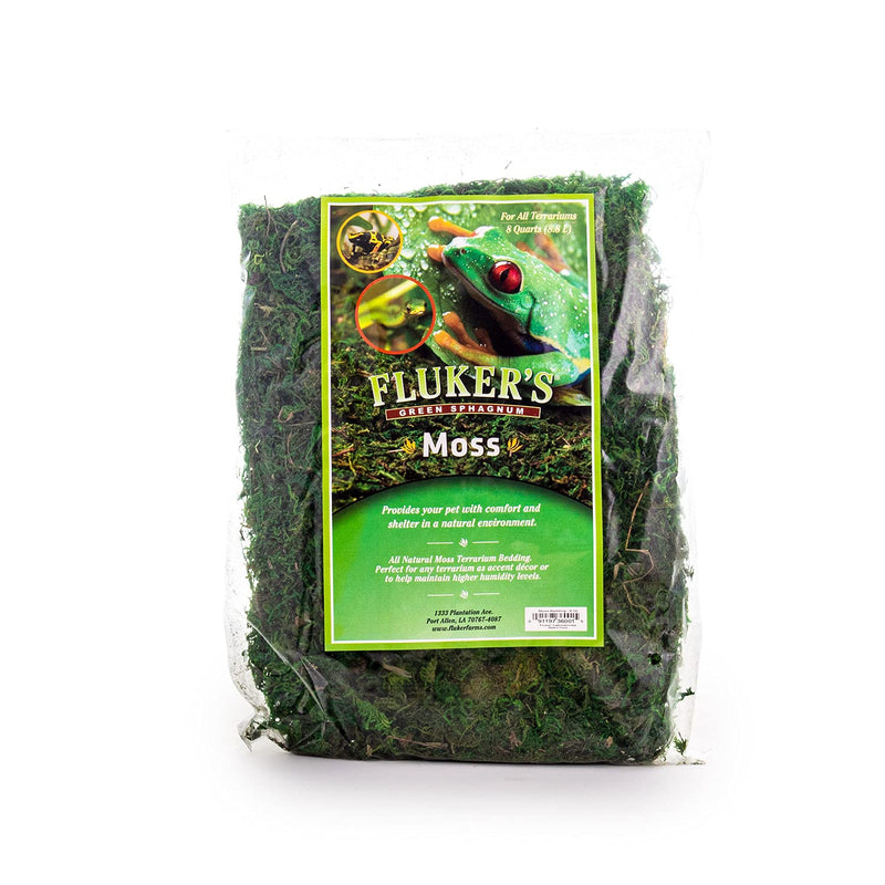 Fluker's green sphagnum moss package for terrariums featuring red-eyed tree frog on green label