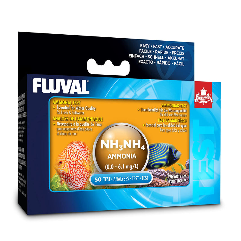 Fluval ammonia test kit box showing NH3/NH4 testing for aquarium water quality with fish imagery