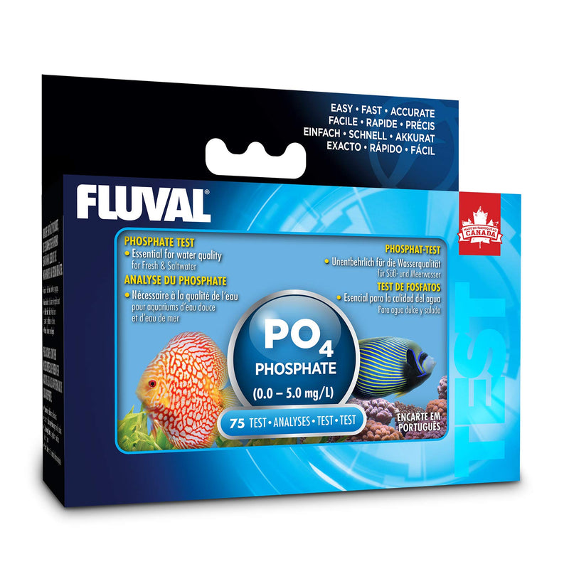 Fluval phosphate test kit box showing PO4 testing range and tropical fish imagery on blue packaging