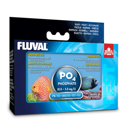 Fluval phosphate test kit box showing PO4 testing range and tropical fish imagery on blue packaging