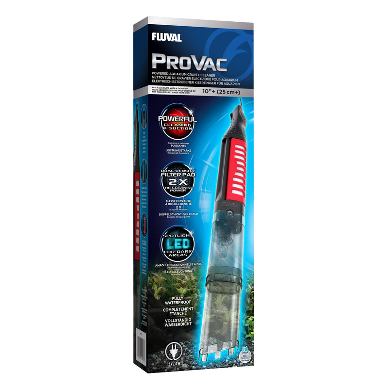 Fluval ProVac aquarium gravel cleaner in black and red shown in retail box packaging