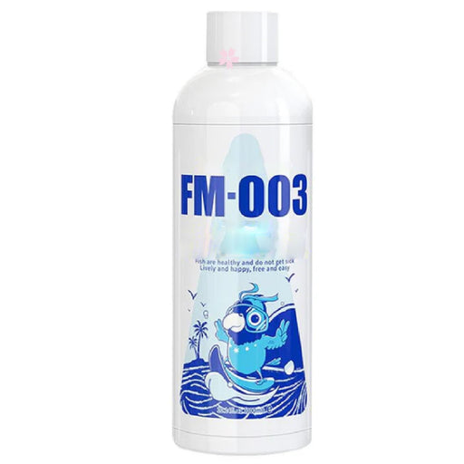 White bottle of FM-003 fish tank water purifier with blue cartoon fish label