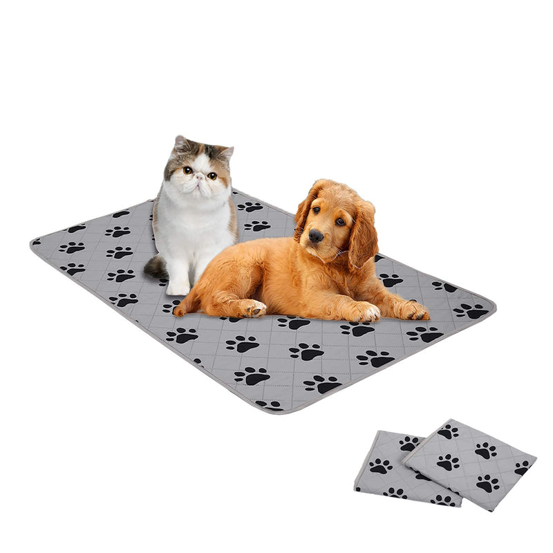 Gray waterproof dog crate pad with black paw prints, showing folded pad sections below main mat