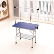 Professional dog grooming table with blue non-slip surface, adjustable grooming arm, and wire