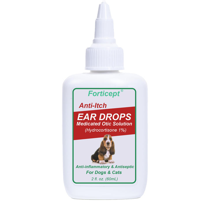 White bottle of Forticept anti-itch ear drops with dropper tip for dogs and cats on white background