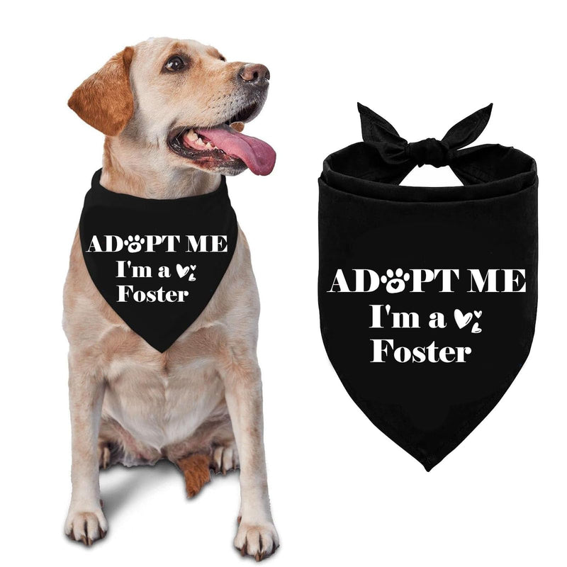 Black adopt me foster dog bandana shown flat with bow tie and on golden Labrador