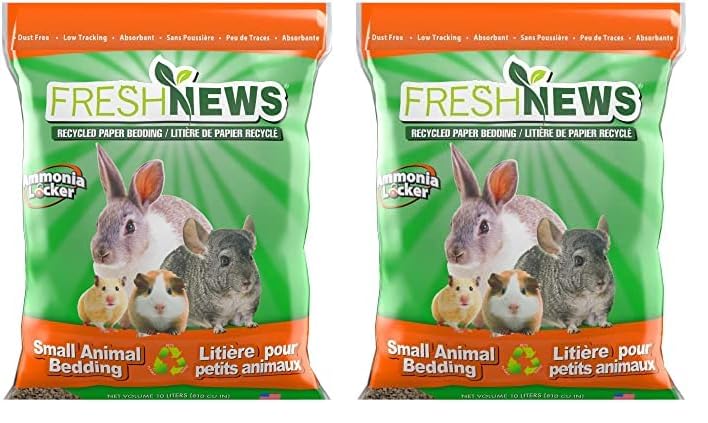 Two green Fresh News recycled paper bedding bags with small animals including rabbits and hamsters