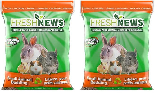 Two green Fresh News recycled paper bedding bags with small animals including rabbits and hamsters