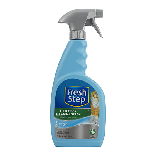 Blue Fresh Step litter box cleaning spray bottle with gray trigger nozzle and orange cat on label