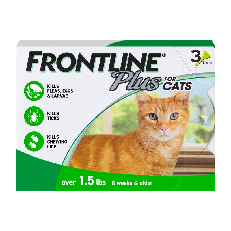 Frontline Plus for Cats box showing orange tabby cat and green icons highlighting flea treatment