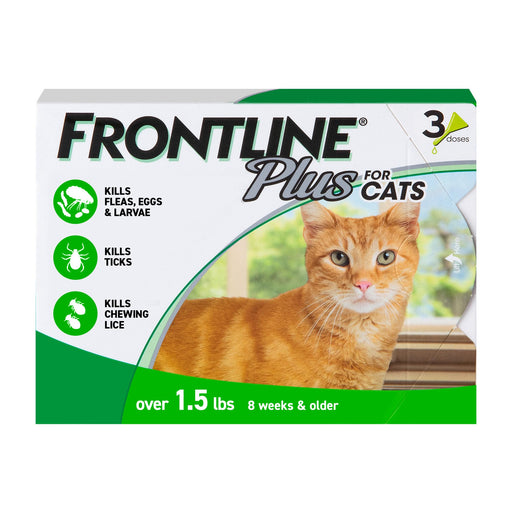 Frontline Plus for Cats box showing orange tabby cat and green icons highlighting flea treatment