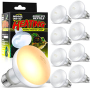 Eight white frosted reptile heat bulbs arranged around product packaging showing lizard