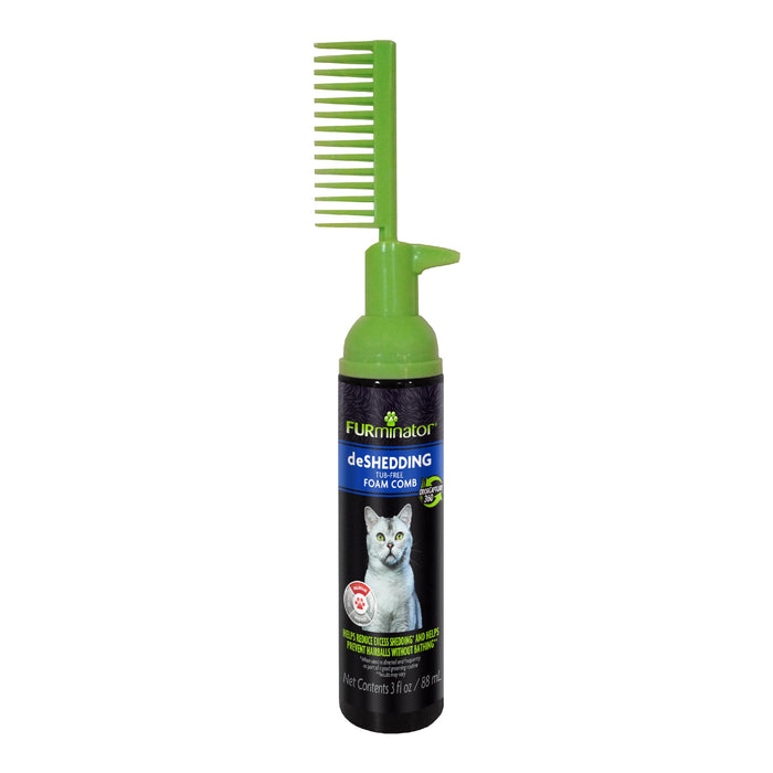 FURminator deshedding foam bottle with green comb attachment on top against white background