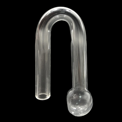Clear glass U-shaped CO2 drop checker with curved tube and bulbous end against black background