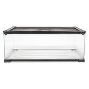 Clear glass reptile terrarium with black metal frame and mesh lid shown from front angle