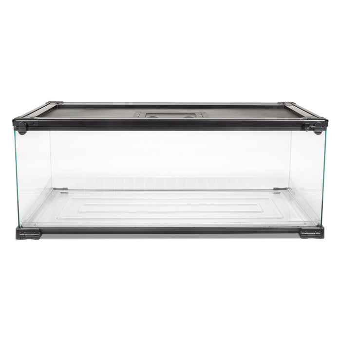 Clear glass reptile terrarium with black metal frame and mesh lid shown from front angle