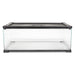 Clear glass reptile terrarium with black metal frame and ventilated mesh lid on white background